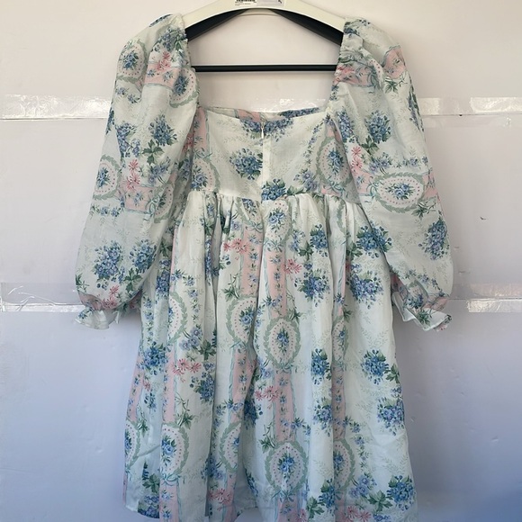 NWT Floral Print Puffy Sleeve Mini Dress, tag size Large (fits more like medium) - Picture 5 of 16